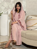 Robe longue musulmane en mousseline brodée rose à col rond