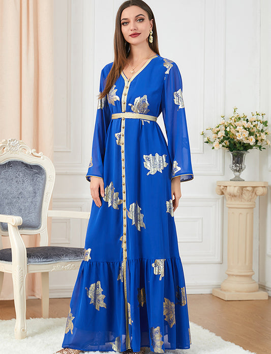 Robe dorée à la mode à manches longues et col en V