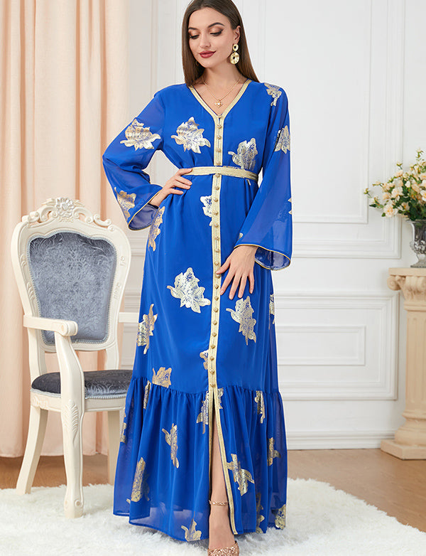 Robe dorée à la mode à manches longues et col en V