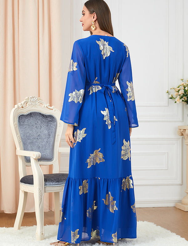 Robe dorée à la mode à manches longues et col en V