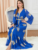 Robe dorée à la mode à manches longues et col en V