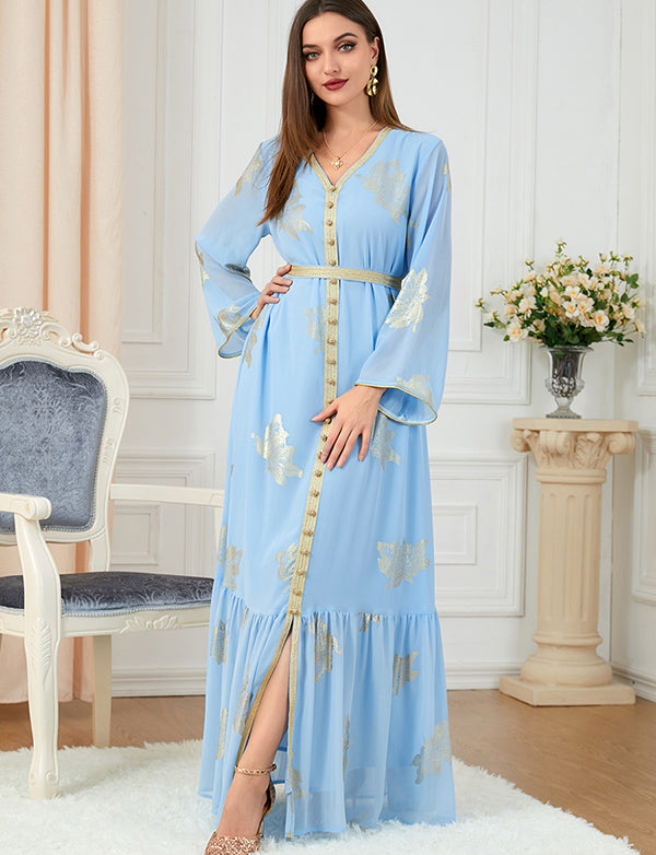 Robe dorée à la mode à manches longues et col en V