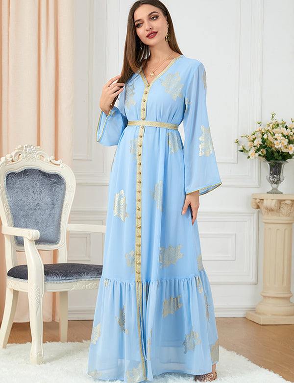 Robe dorée à la mode à manches longues et col en V