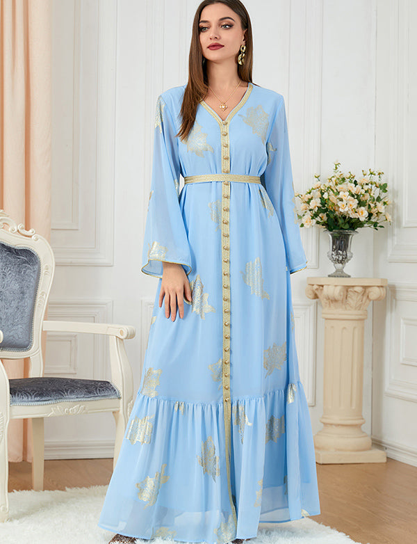 Robe dorée à la mode à manches longues et col en V