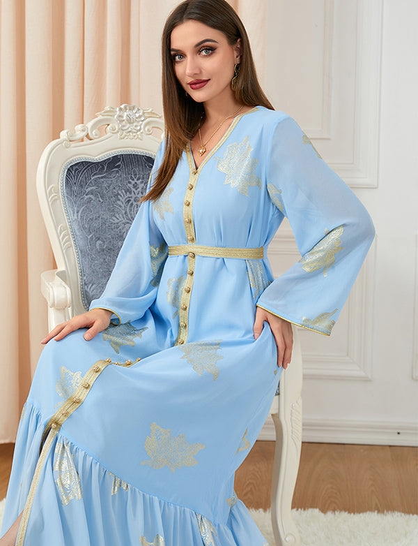 Robe dorée à la mode à manches longues et col en V