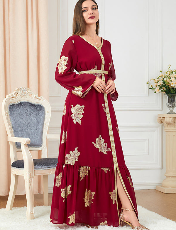 Robe dorée à la mode à manches longues et col en V
