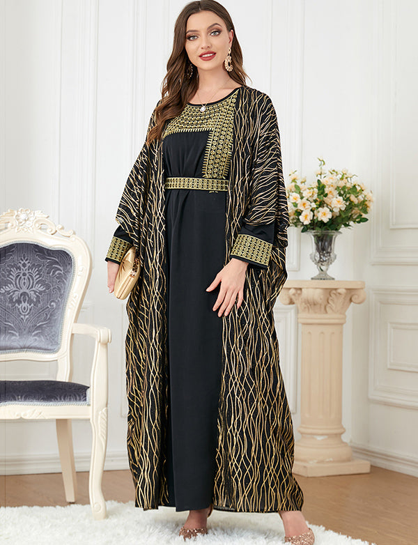 Abaya musulmane robe à manches longues brodée à col rond avec broderie dorée