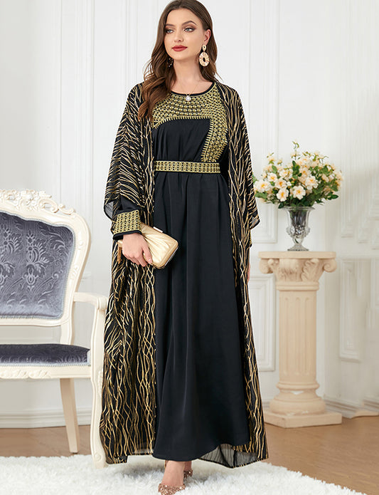 Abaya musulmane robe à manches longues brodée à col rond avec broderie dorée