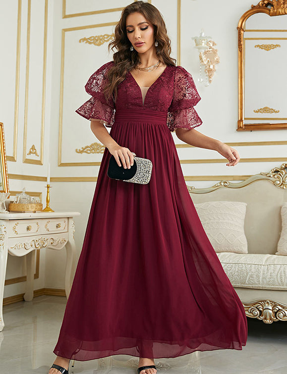 Robe de soirée à manches courtes en mousseline de soie à col en V profond