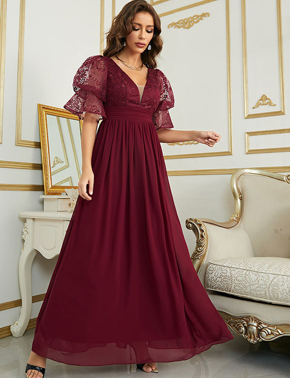 Robe de soirée à manches courtes en mousseline de soie à col en V profond