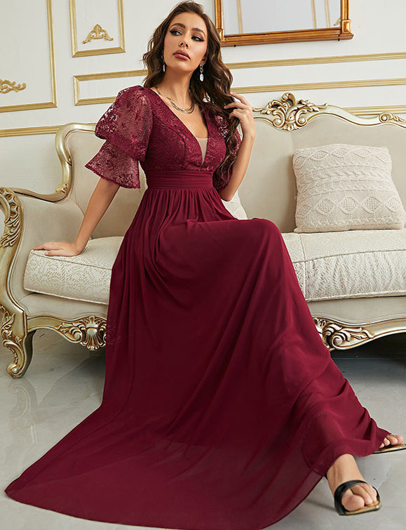 Robe de soirée à manches courtes en mousseline de soie à col en V profond