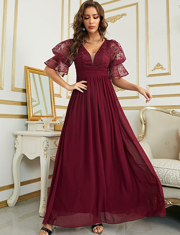 Robe de soirée à manches courtes en mousseline de soie à col en V profond