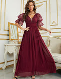 Robe de soirée à manches courtes en mousseline de soie à col en V profond