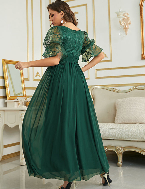 Robe de soirée à manches courtes en mousseline de soie à col en V profond