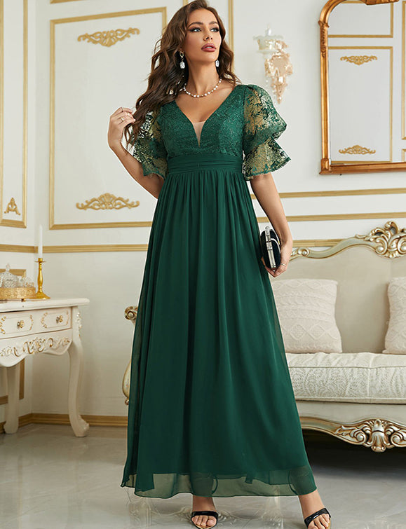 Robe de soirée à manches courtes en mousseline de soie à col en V profond