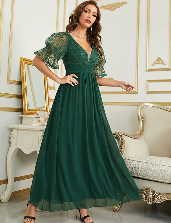 Robe de soirée à manches courtes en mousseline de soie à col en V profond