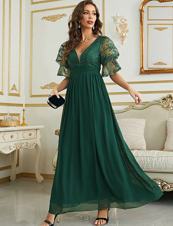 Robe de soirée à manches courtes en mousseline de soie à col en V profond