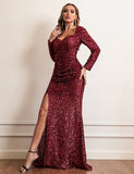 Robe bordeaux à manches longues et sequins