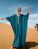 Robe cape ample à ceinture tissée bleu lac et or