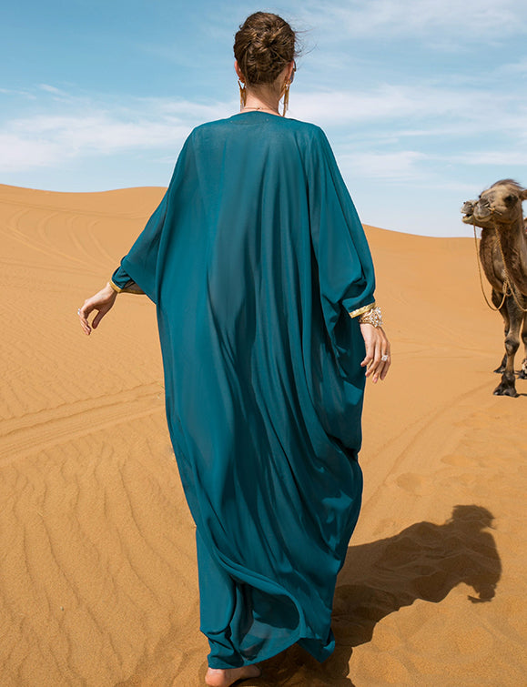 Robe cape ample à ceinture tissée bleu lac et or
