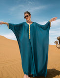 Robe cape ample à ceinture tissée bleu lac et or