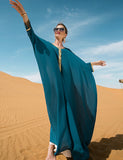 Robe cape ample à ceinture tissée bleu lac et or