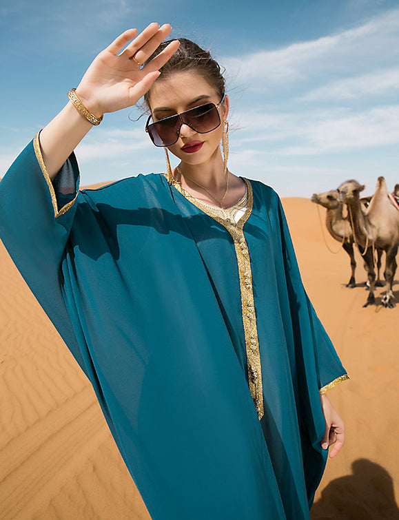 Robe cape ample à ceinture tissée bleu lac et or