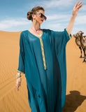 Robe cape ample à ceinture tissée bleu lac et or