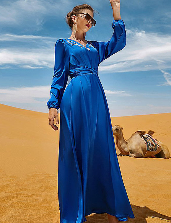 Robe à manches longues avec col en V et strass, bleu royal
