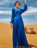 Robe à manches longues avec col en V et strass, bleu royal