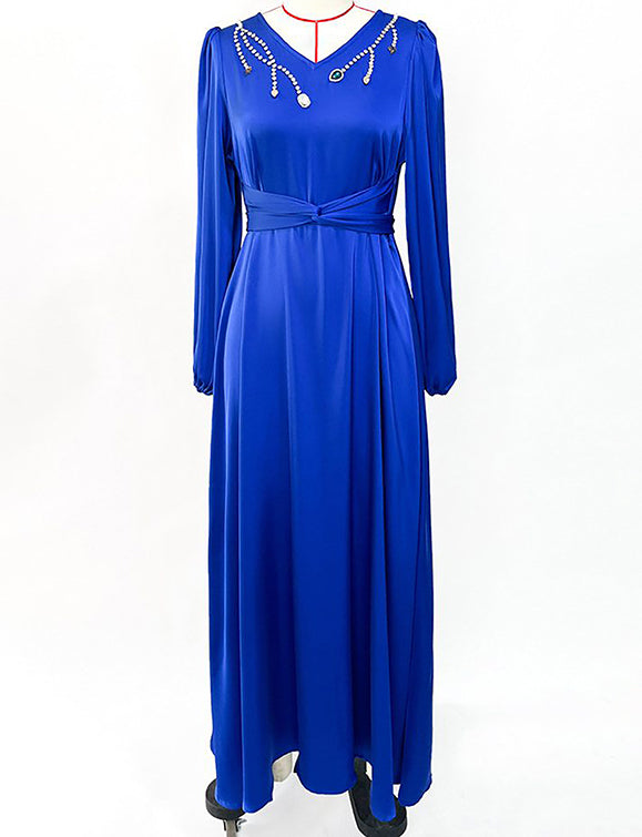 Robe à manches longues avec col en V et strass, bleu royal