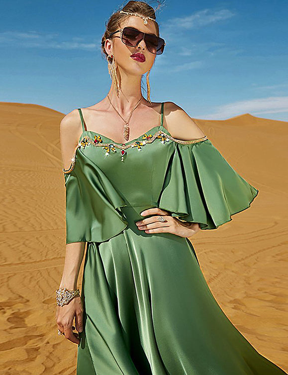 Robe sexy à dos nu en diamant cousu à la main, de couleur verte