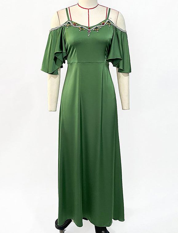 Robe sexy à dos nu en diamant cousu à la main, de couleur verte