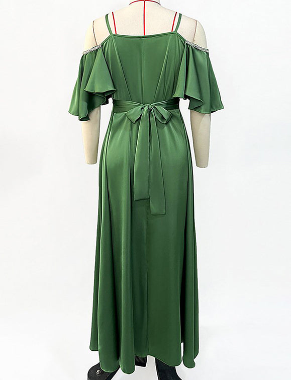 Robe sexy à dos nu en diamant cousu à la main, de couleur verte