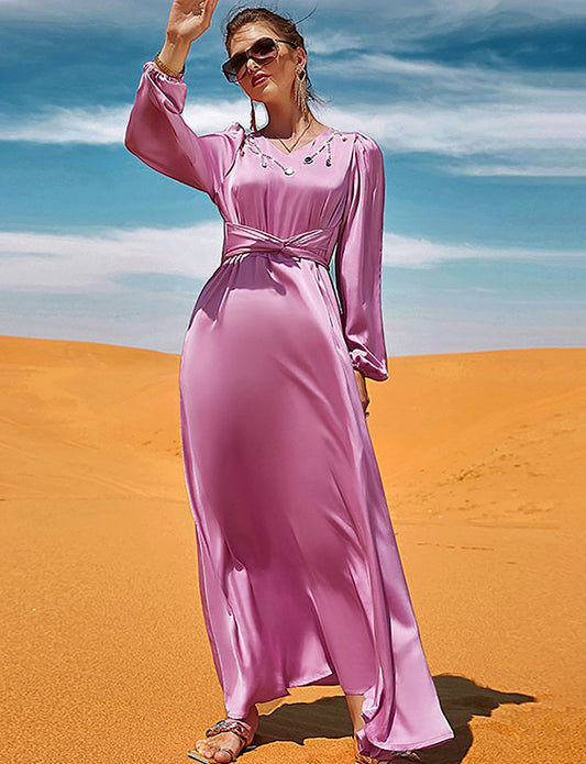 Robe abaya rose à manches longues avec col en V et strass