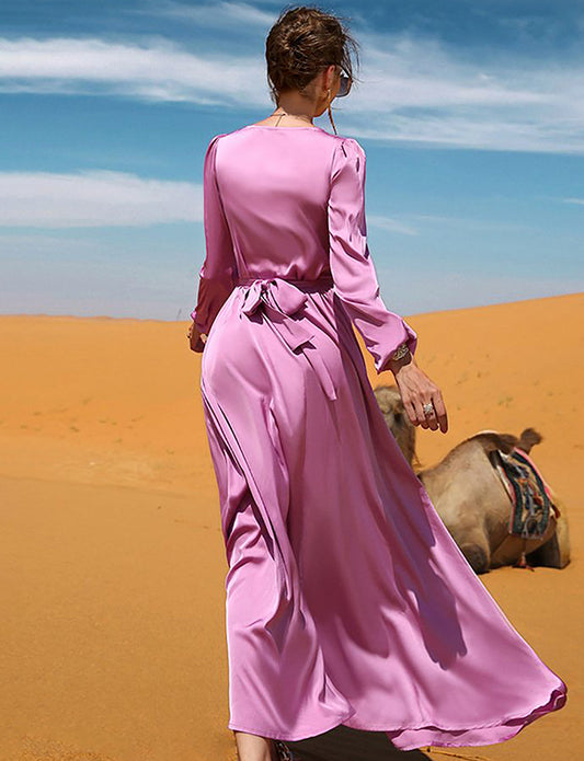 Robe abaya rose à manches longues avec col en V et strass