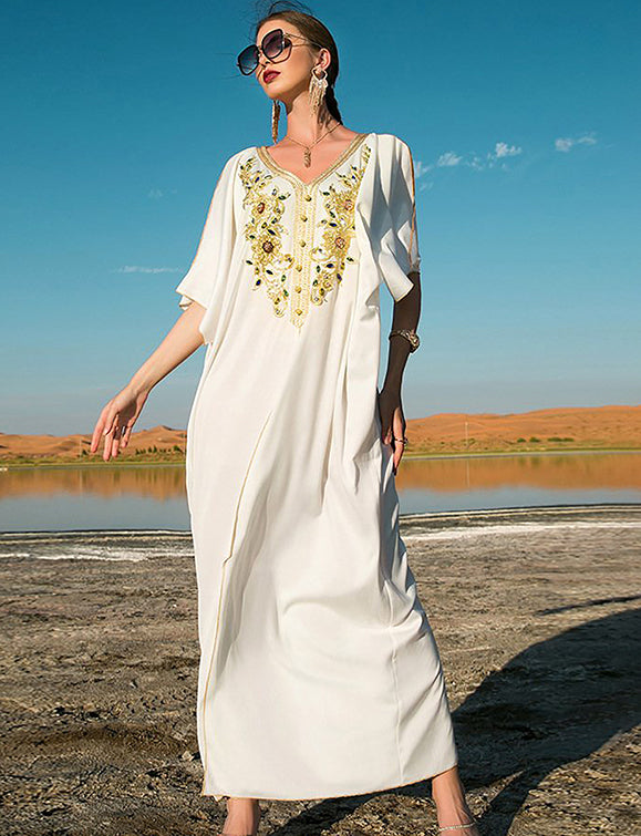Robe Abaya en dentelle dorée lourdement brodée