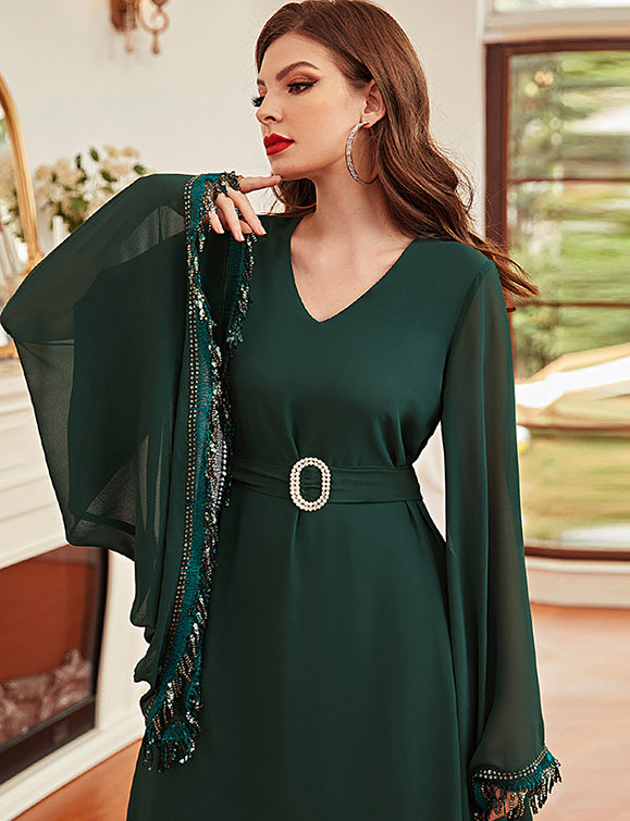 Robe à manches en mousseline de soie vert foncé