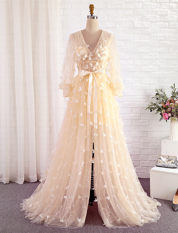Tulle à Manches longues Col en V Formelle Robes de Soirée