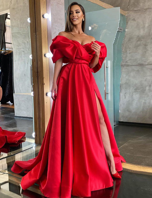 Robe de Soirée en Satin Rouge à Manches Bouffantes