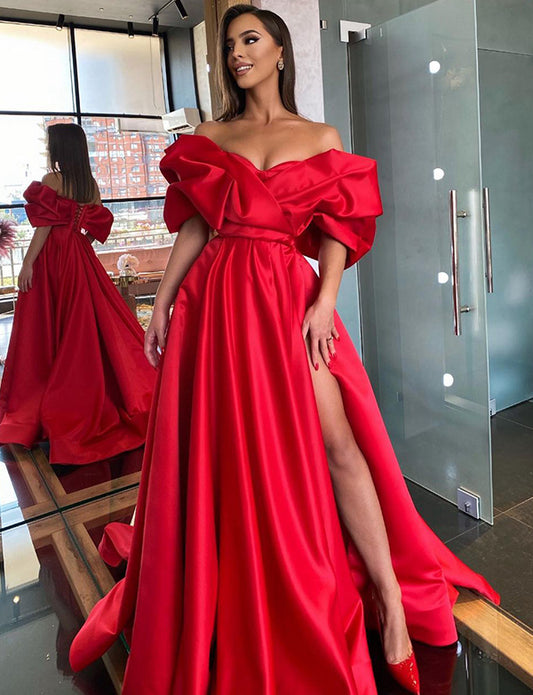 Robe de Soirée en Satin Rouge à Manches Bouffantes