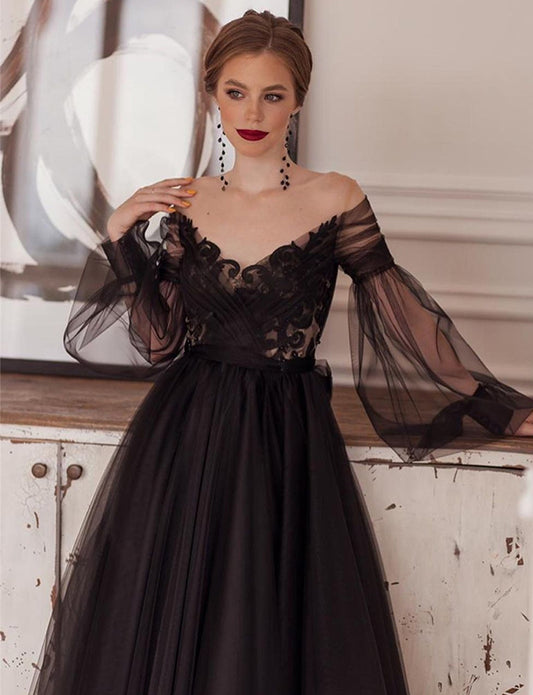 Robe de Soirée Noir en Tulle à Col en V