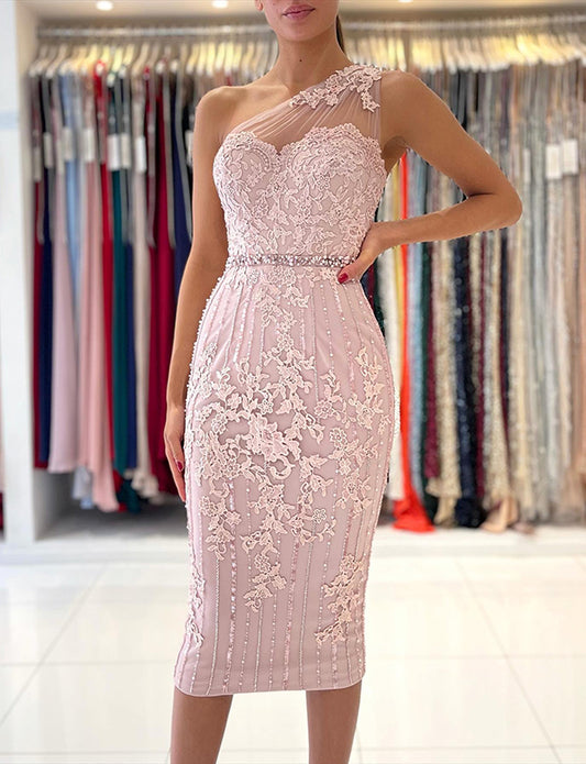 Robe de Cocktail en Dentelle Rose à Une Épaule