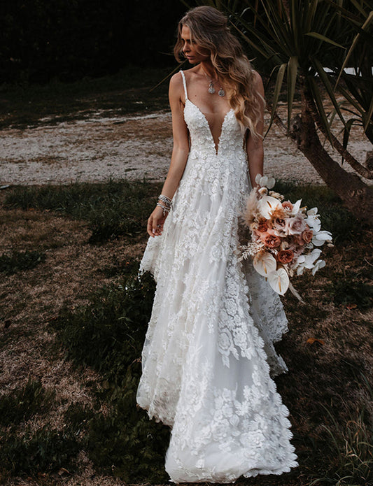 Robe de Mariée Bohème de Plage en Dentelle avec Fente