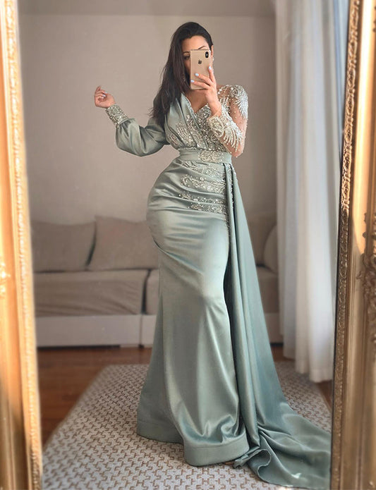 Dressself Robe de Soirée Brodée en Satin Vert Sirène Robes Mariage