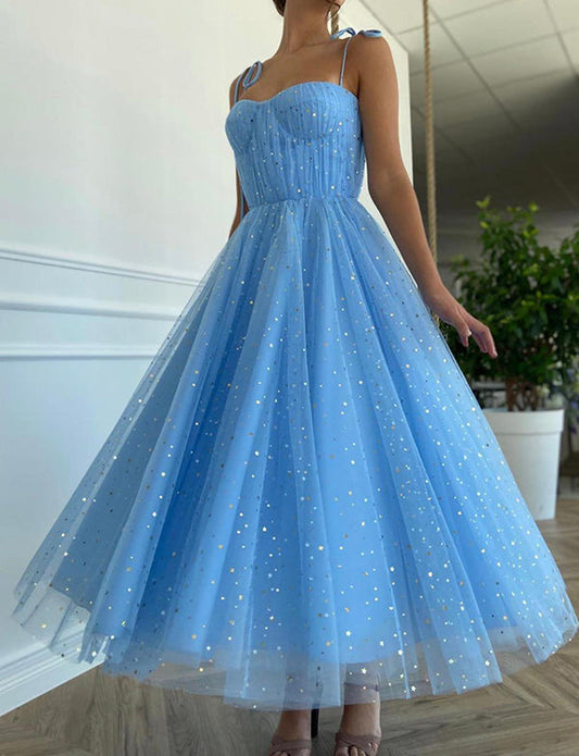 Robe de Soirée en Tulle Bleu Chérie avec Étoiles