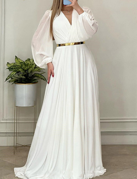 Robe de Soirée Blanc à Manches Longues et Col en V