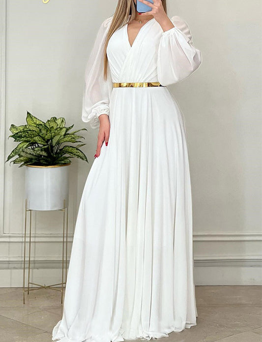 Robe de Soirée Blanc à Manches Longues et Col en V