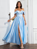 Robe de Soirée Longue Bleu à Épaules Dénudées