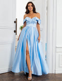 Robe de Soirée Longue Bleu à Épaules Dénudées